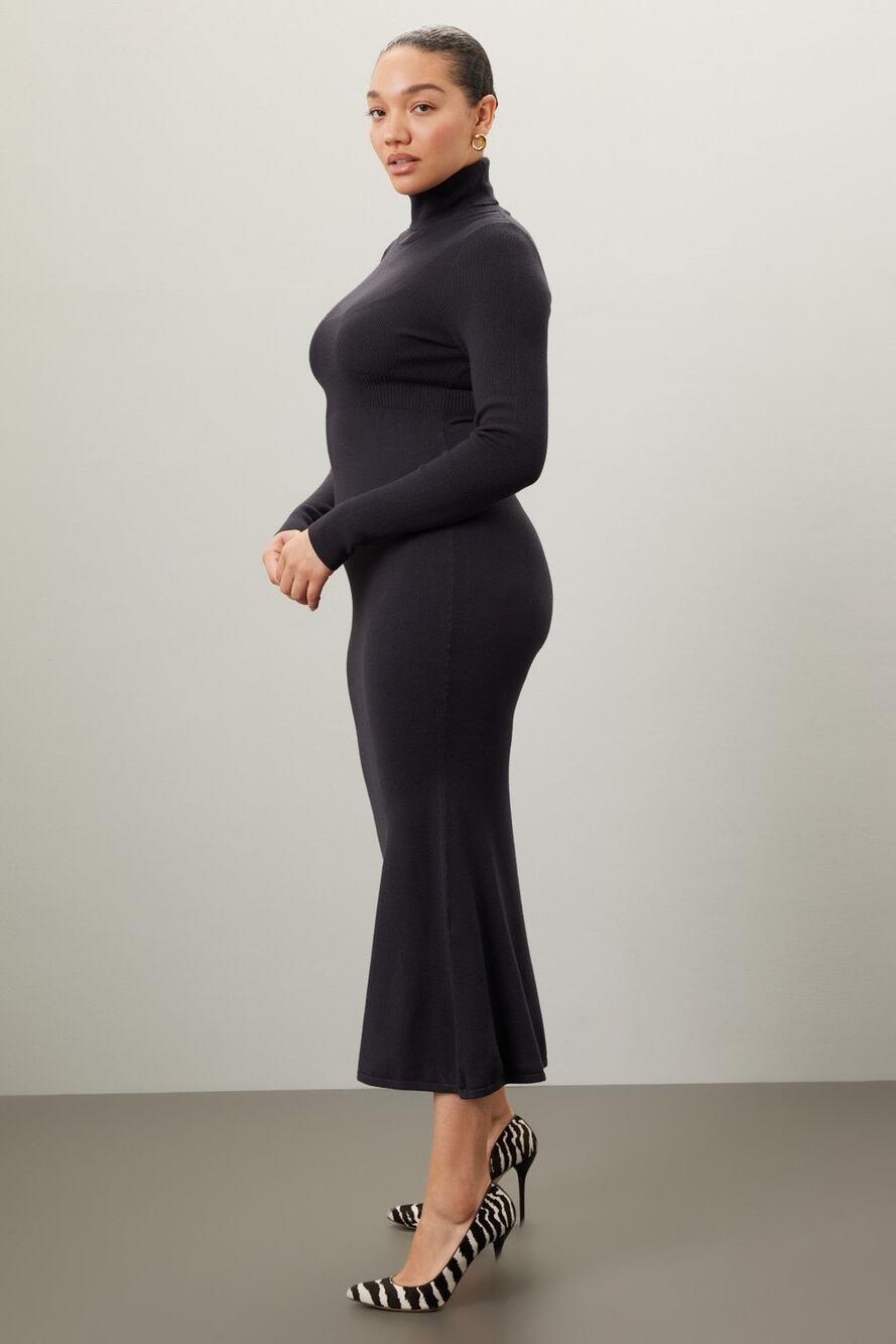 Toccin Dark Gray Ribbed Turtleneck Long Sleeve Midi Sweater Dress L